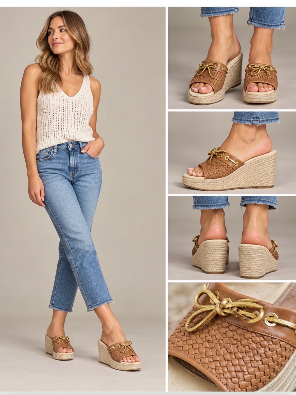 Sperry Tan Woven Espadrille Wedge Slide with Gold-Tone Bow Size 7
